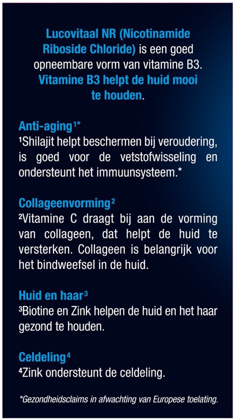 Lucovitaal NR (Nicotinamide Riboside Chloride) vitamine B3 voor een mooie huid. Ondersteunt collageenvorming, huid en haar, en celdeling.