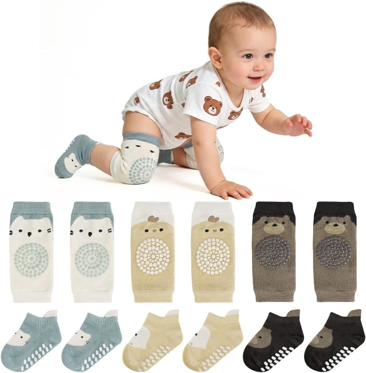 Crawlsokken voor baby's, 3 paar kniebeschermers en 3 paar antislip sokken, veilig en comfortabel voor jongens en meisjes