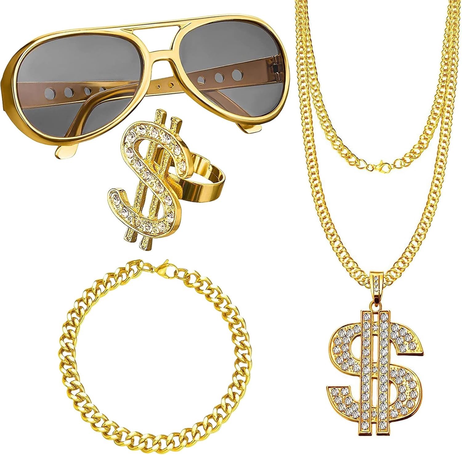 Dollar Necklace Set met Dollar Sign Armbanden en Ringen, Hip Hop Kostuum Accessoires voor Feesten en Carnaval, Gouden Ketting en Sieraden