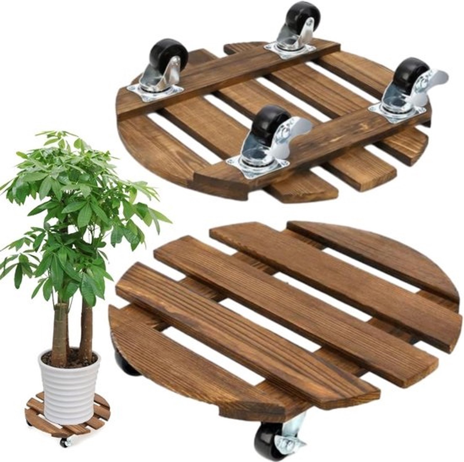 Set van 2 - Ronde plantenrollers met wieltjes - 40 x 40 cm - Hoge draagkracht - 150 kg - Mobiele bloempotonderzetter