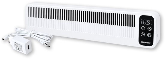 Witte EcoSavers radiator ventilator met digitale display en bedieningsknoppen. Inclusief adapter en witte kabel.