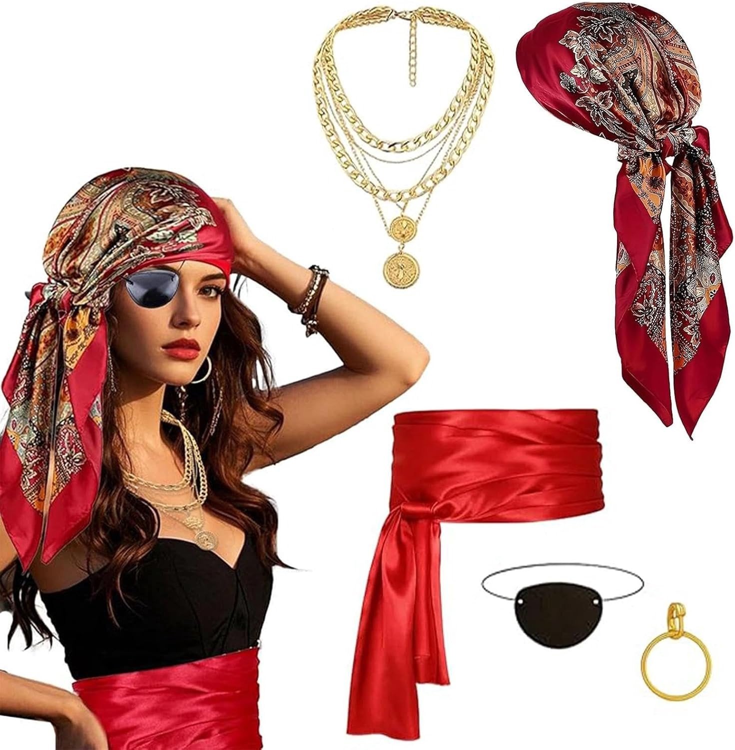Piratenkostuum Accessoireset voor Vrouwen met Hoofddoek, Ooglapje, Riem en Ketting voor Carnaval en Halloween Cosplay