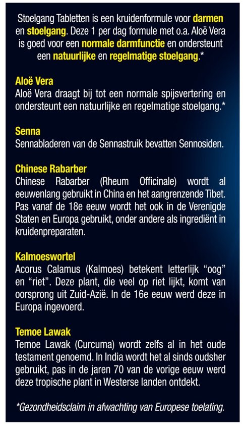 Informatie over Lucovitaal Stoelgang tabletten met Aloë Vera, Senna, Chinese rabarber, Kalmoeswortel en Temoe Lawak.