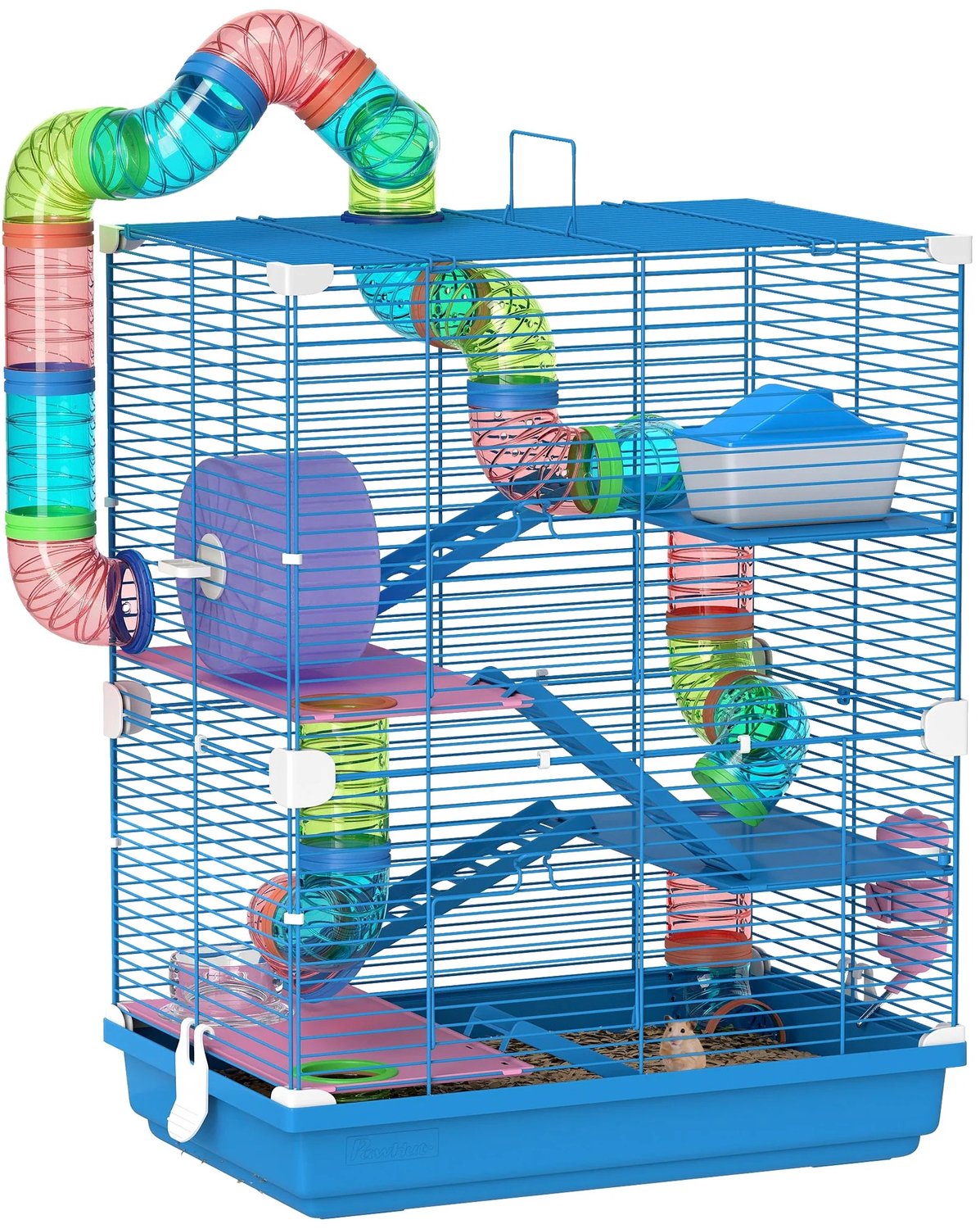 Tremeo Hamsterkooi - 43x30x58 cm - 5 niveaus - Blauw - Tunnelsysteem - Loopwiel - Eenvoudig reinigen - Hamster huisje - Knaagdier