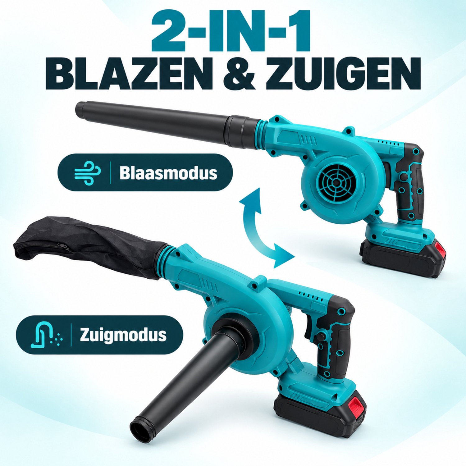 Accu Bladblazer en Bladzuiger 2-in-1 – Draadloze Handblazer 18V met 2x 3.0Ah Accu, Oplader, Opvangzak en Opzetstukken – Voor Tuin, Terras, Oprit, Auto en Werkplaats