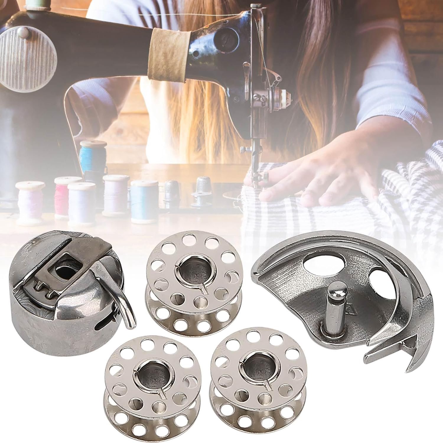 Spoelset voor Oude Huishoudelijke Naaimachines met Duurzame Metalen Onderdelen 1 Spoelhaak 1 Spoelhuis 5 Spoeltjes