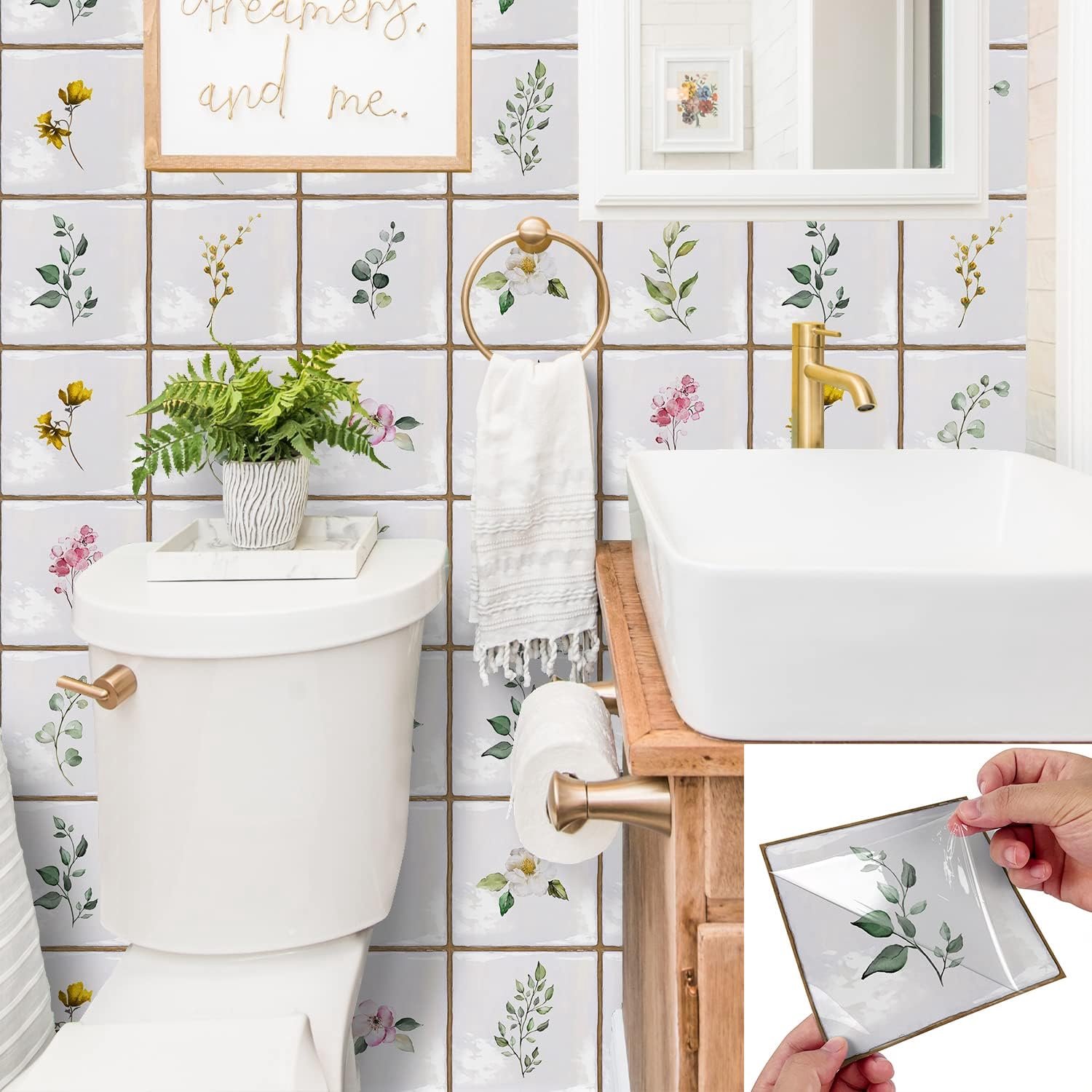 Alwayspon 10 stuks 15 cm/6 inch retro witte tegel en groen blad tegelsticker, 0,6 mm dik Peel & Stick zelfklevende spatwand, trap tegelsticker, transfers, plak op tegel voor keuken, badkamer muur