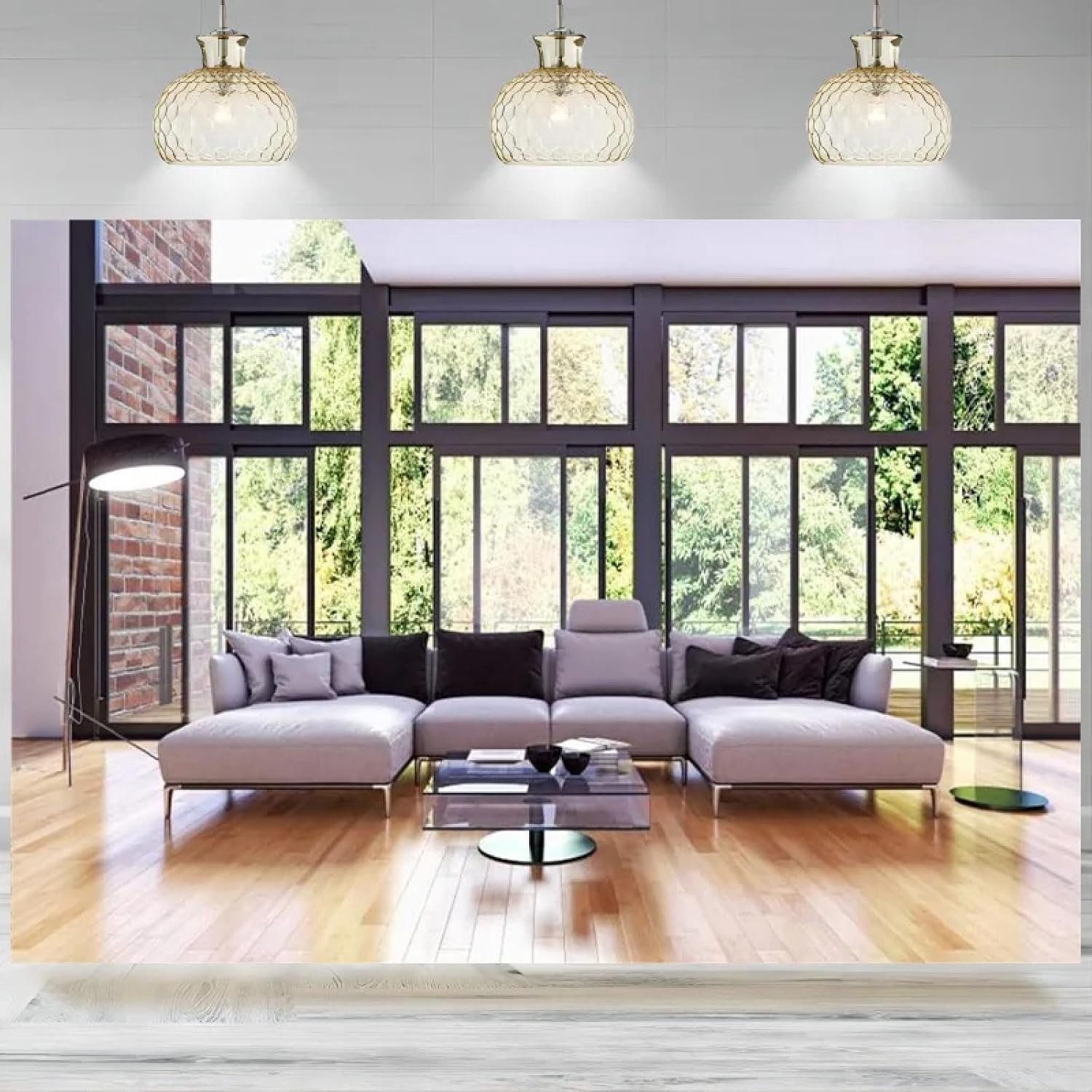 Moderne kantoor vensterachtergrond, videogesprek, binnen, bank, plant, woonkamer, banner, fotografie 440 x 300 cm