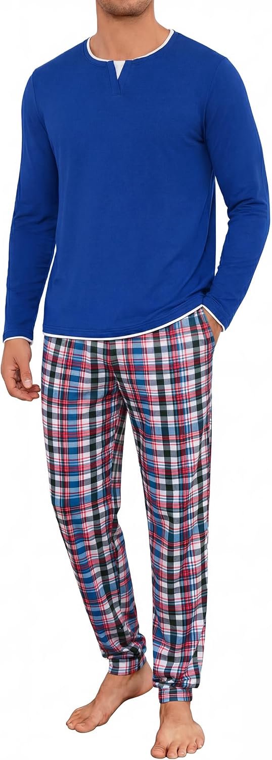 Pyjama voor heren, winter, katoen, ronde hals, pyjamaset, lange mouwen, effen top met overlappend kraagdesign en comfortabele broek