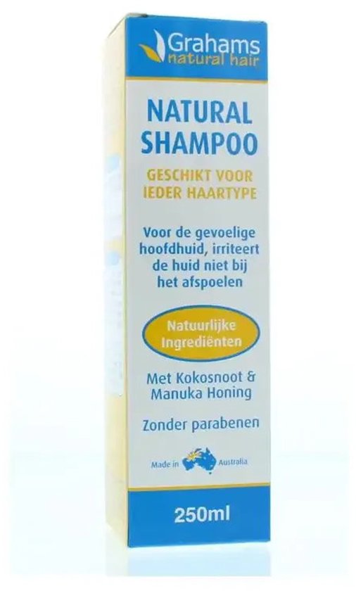 Grahams natural hair Natural Shampoo, 250ml. Voor de gevoelige hoofdhuid, met Kokosnoot & Manuka Honing. Zonder parabenen.