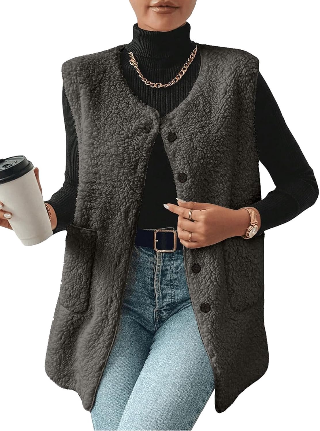 Yutdeng Mouwloos damesvest, lang, fleece, zacht, warm, jas, herfst, winter, sherpa, waistcoat, effen, V-hals, jassen, jas, mode, knoop, gewatteerd, jas met zakken