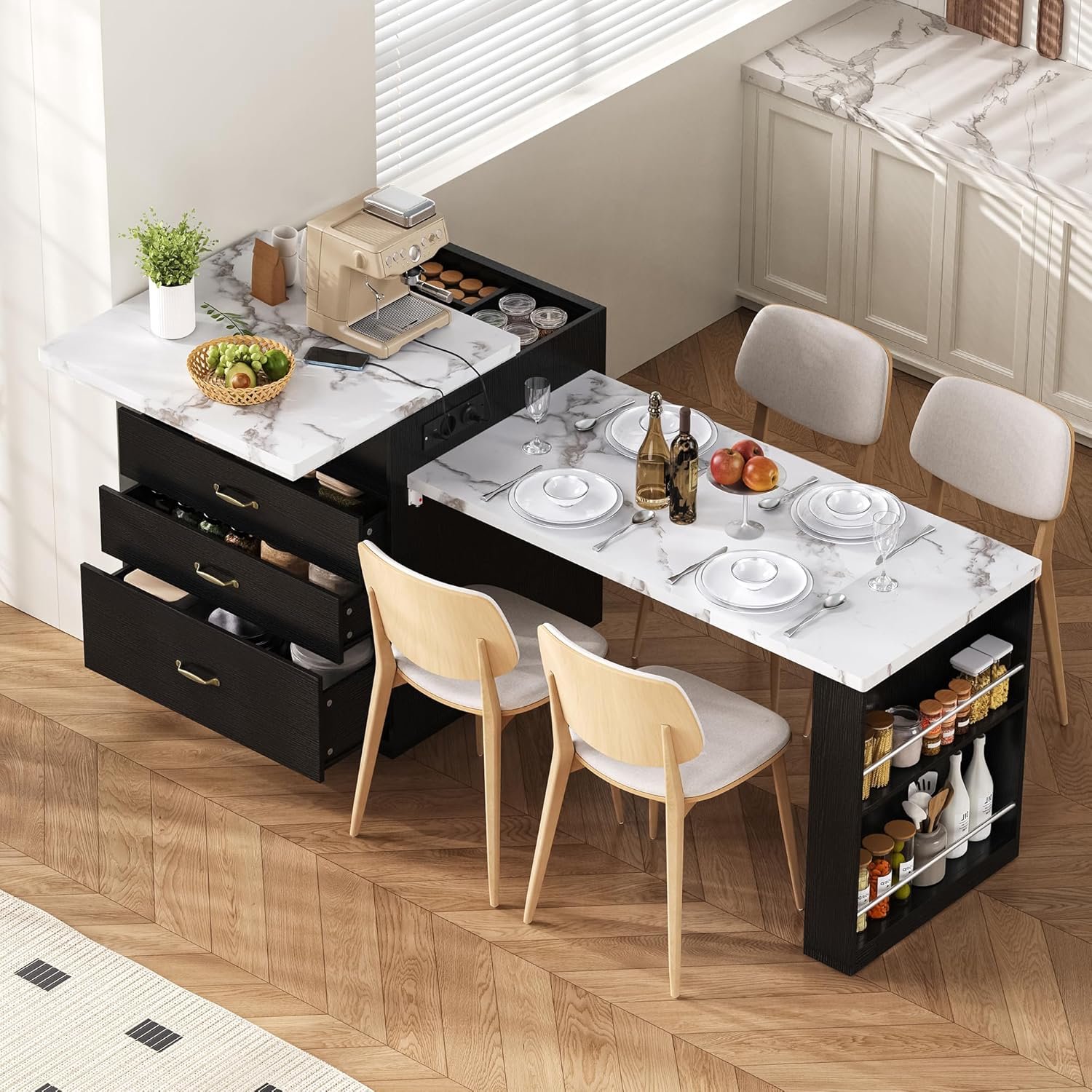 Keukeneiland met wieltjes, uittrekbare tafel, ledverlichting, stekkerdoos, opbergruimte, multifunctioneel keukeneiland als eettafel, sideboard of bartafel, zwart (zwart, 125 x 71 x 93 cm)