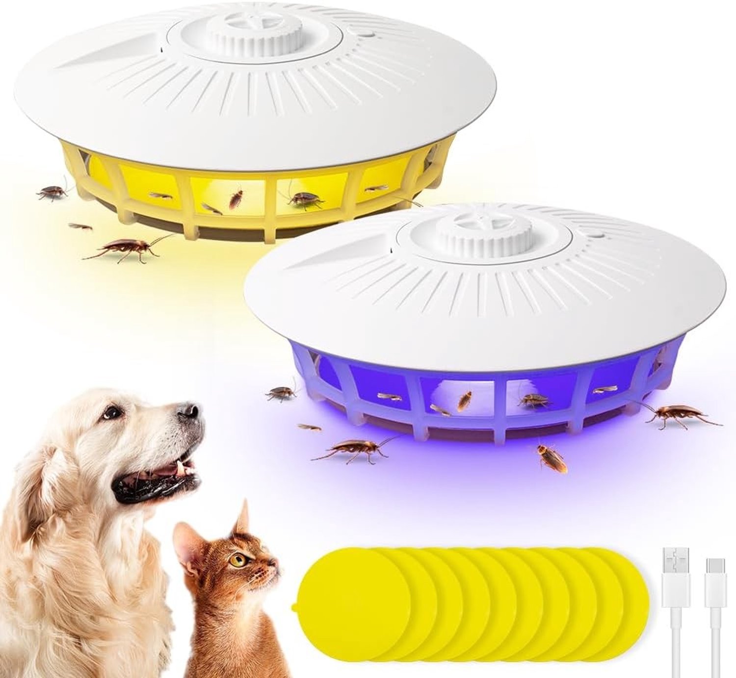 Effectieve Vlooienvallen voor Thuis, 2 Stuks met 10 Hechtdiscs en 4 Verlichtingsmodi, Veilig en Geurloos, Ideaal voor Woonkamer, Keuken en Slaapkamer