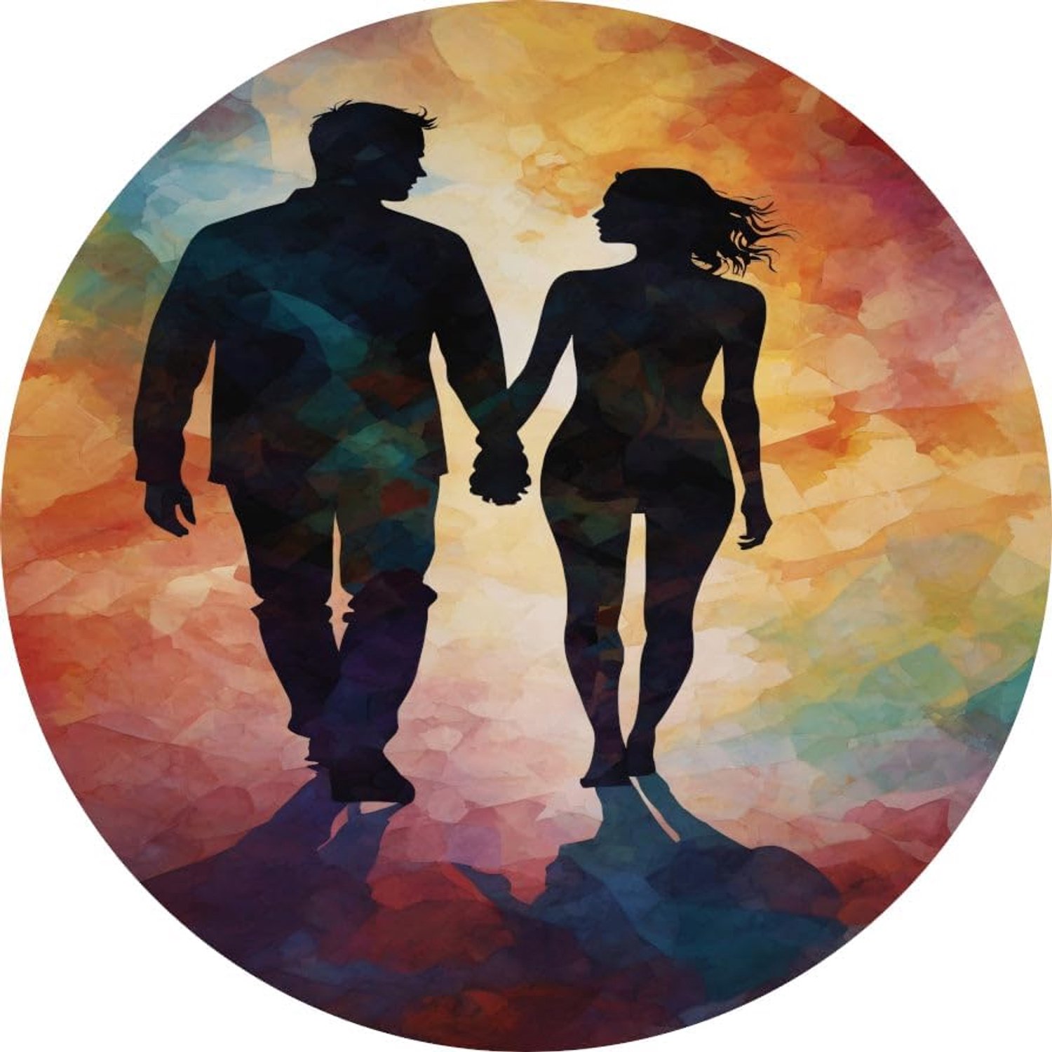 Silhouetten rond schilderij, Mensen wandcirkel, Wandcirkel Liefde, Klassiek schilderijen, Wandcirkels, Decoratie woonkamer muurcirkel forex 80x80 cm