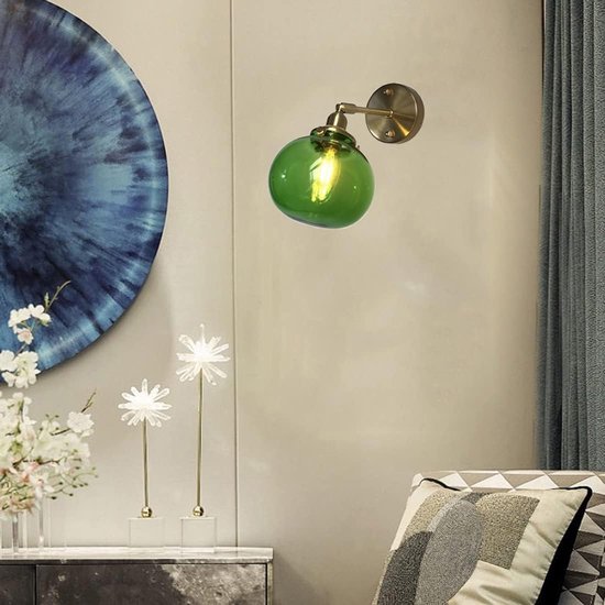 Vintage wandlamp van groen glas, stijl midden van de eeuw, verstelbare lampenkap, goudkleurige vintage wandlamp in industriële stijl voor slaapkamer, nachtkastje of woonkamer. — afbeelding 4