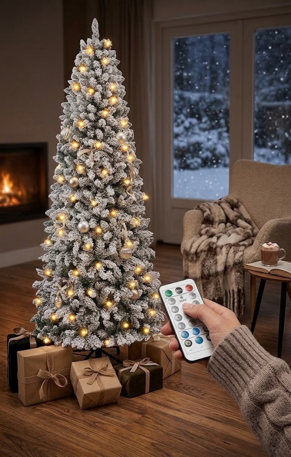 Kunstkerstboom 183 cm Smal Sneeuwbedekt met 300 LED Verlichting, Warmwit & Meerkleurig, Afstandsbediening, Voorverlicht, ca. 700 Takken