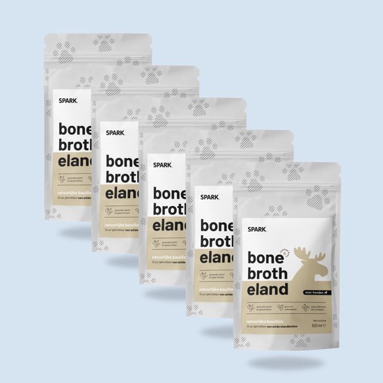 Vijf zakjes SPARK bone broth eland natuurlijke bouillon voor honden, 100 ml.