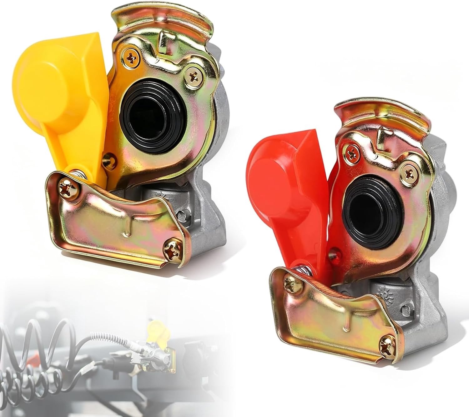 Aluminium Clutch Head met Ventiel M16 in Rood/Geel, Persluchtkop met Stofkap voor Truck en Tractor, Accessoires voor Voertuigen en Landbouwmachines