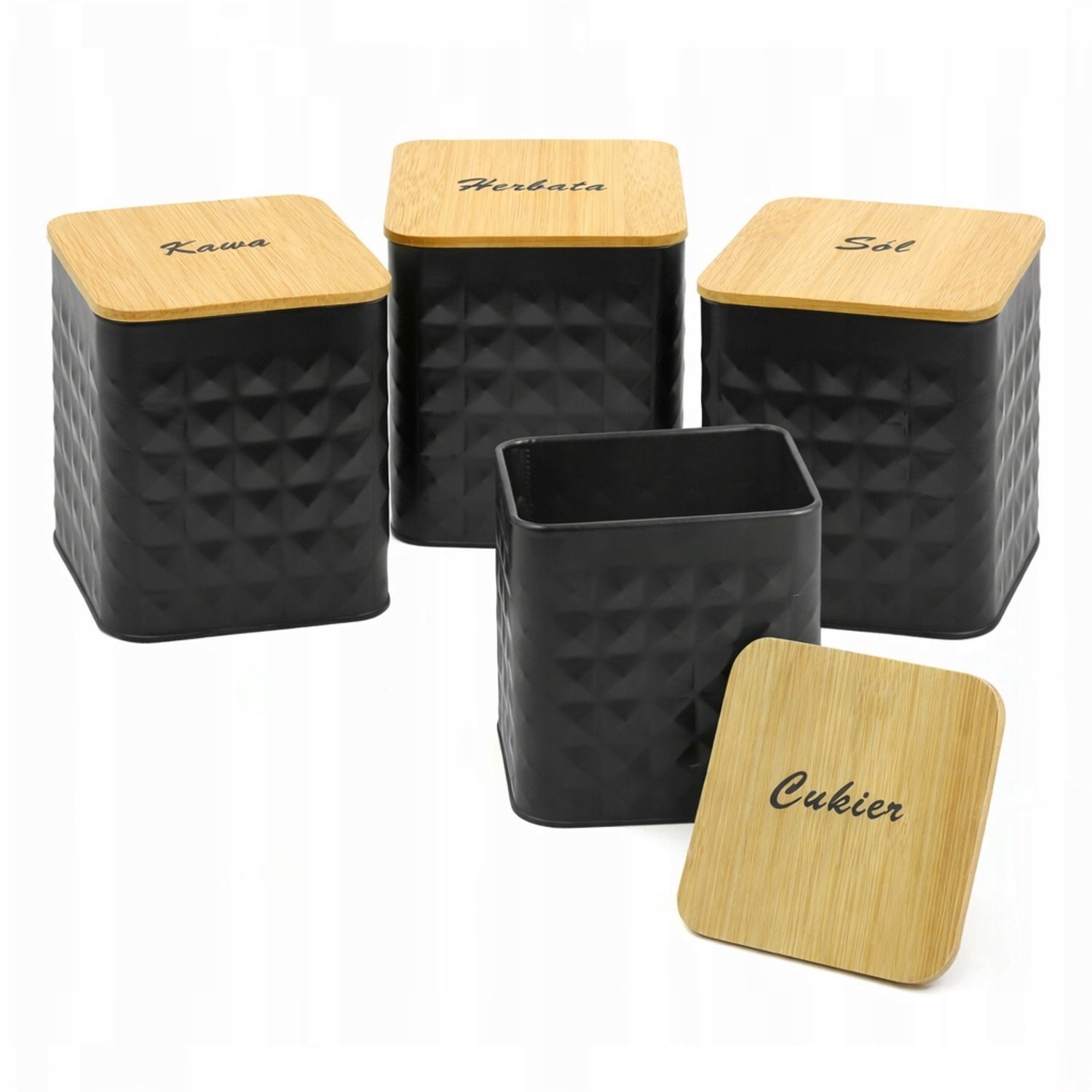 Set van 4 Zwarte Bamboe Blikken voor Koffie, Thee, Suiker & Zout