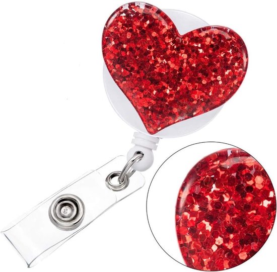 Glitterende Badge Reel met Hartvorm, Retractable ID Kaarthouder met Clip voor Sleutels en ID's (Roze) — afbeelding 2