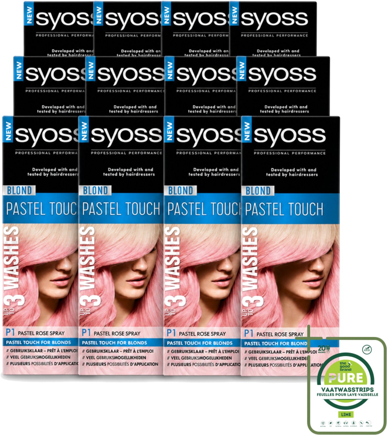 12 x Syoss Color Blond Pastel Touch P1 Pastel Rose - Haarverf Spray - Pastel Rose - Grootverpakking - Vaatwasstrips - Haarverf Spray - Pastel Rose - Blond - Salonkwaliteit - Haarverlichting