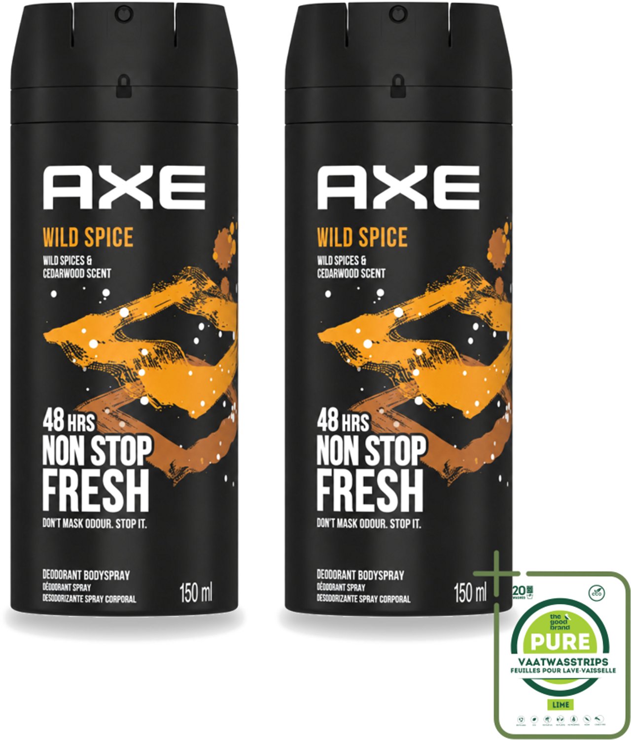 2 x Axe - Deodorant Bodyspray - 48hrs Non Stop Fresh - Wild Spice - Wild Spices & Cedarwood - 150 ml - Grootverpakking - Vaatwasstrips - Deodorant - Bodyspray - Cederhout Geur - Mannelijke Geur - Frisse Geur