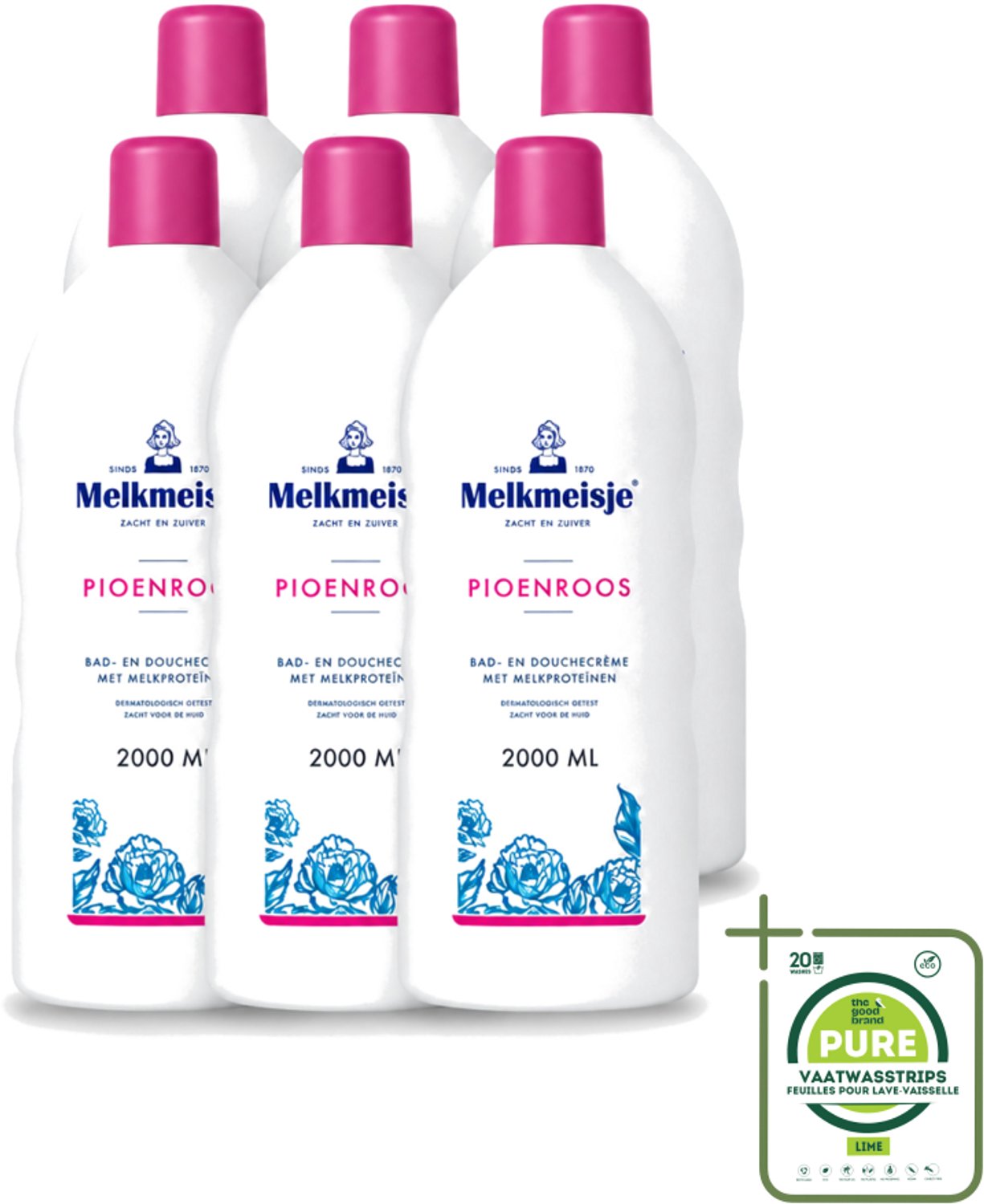 6 x Melkmeisje - Bad & Douche - Pioenroos Geur - Verzorgend & Hydraterend - 2000 ml - Grootverpakking - Vaatwasstrips - Douchecrème - Melkmeisje - Pioenroos - Huidverzorging - Melkproteïnen