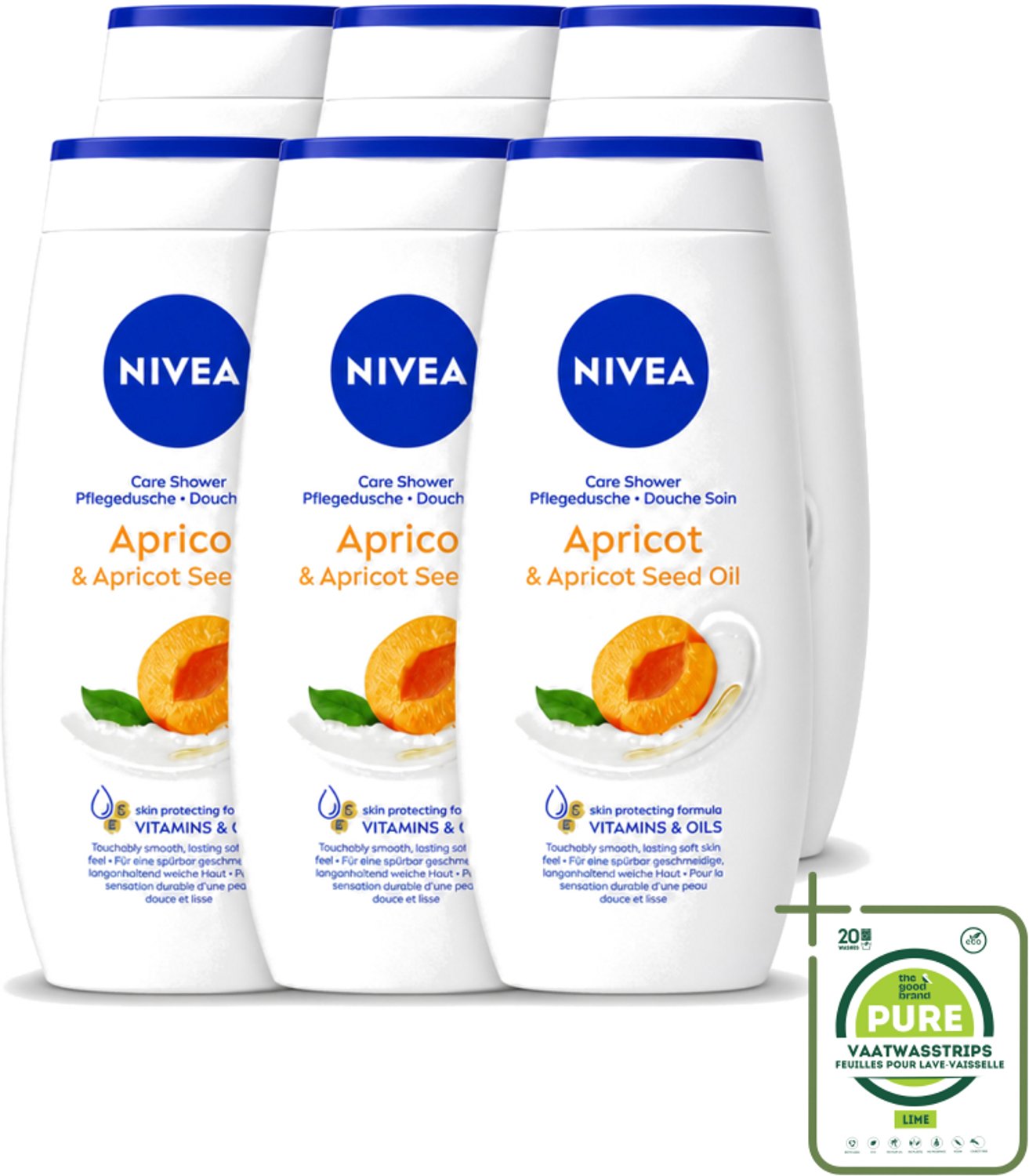 6 x Nivea - Douchegel - Soft Apricot - Huidbeschermend - 250 ml - Grootverpakking - Vaatwasstrips - Douchegel - Huidbeschermend - Abrikozenpitolie - Druivenpitolie - Vitamine C