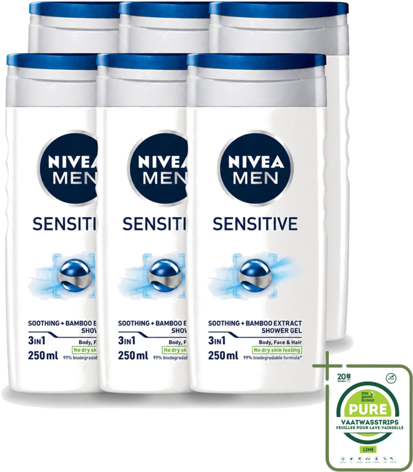 6 x Nivea - Men - Sensitive Douchegel - Hydraterend - 250 ml - Grootverpakking - Vaatwasstrips - Gevoelige Huid - Douchegel - Hydraterende Douchegel - Huidverzorging - Mannelijke Geur
