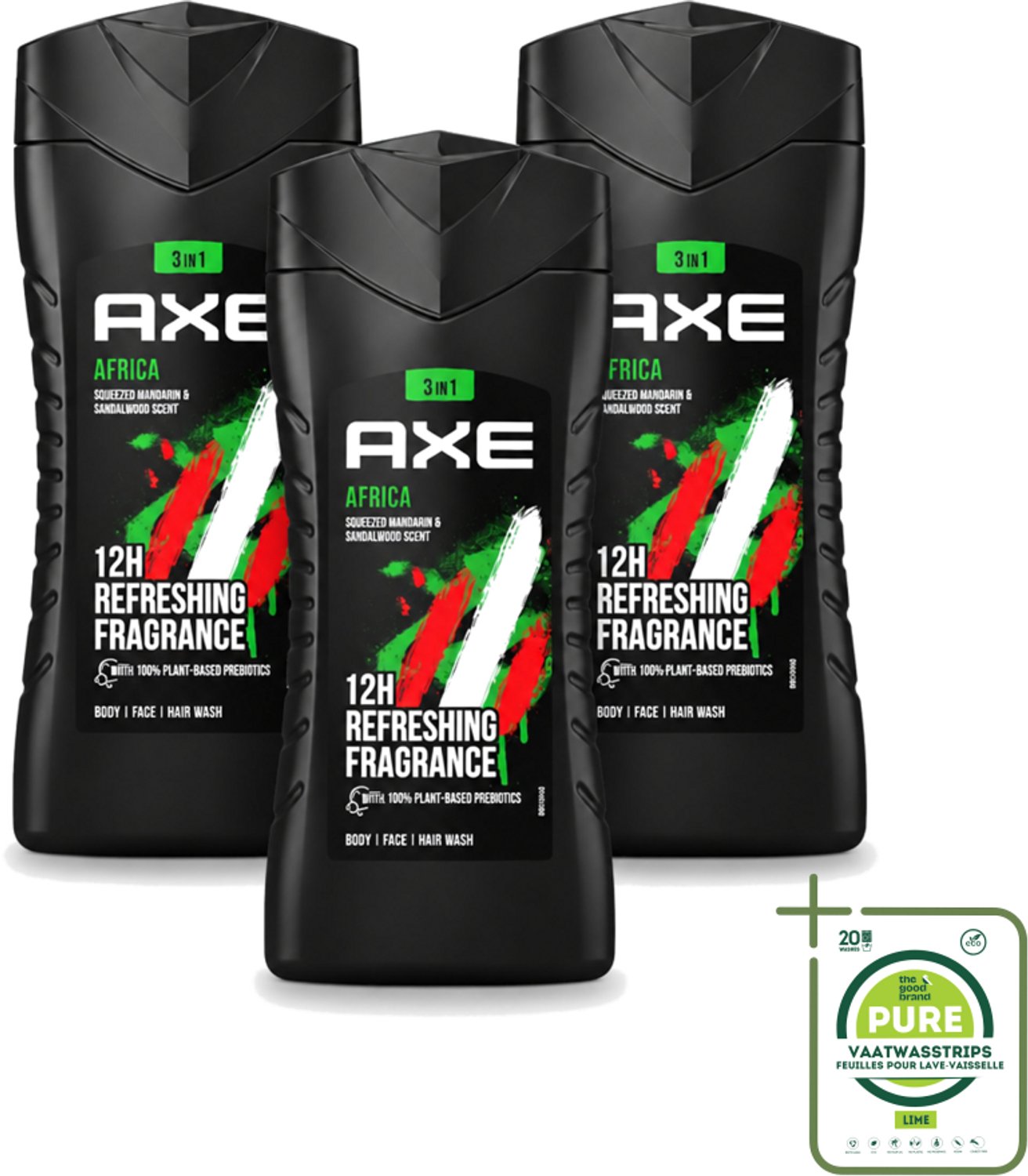 3 x Axe – Douchegel – Africa – 250 ml - Grootverpakking - Vaatwasstrips - Axe Africa Douchegel - Frisse Geur - Mannelijke Geur - Exotische Geur - Douchegel