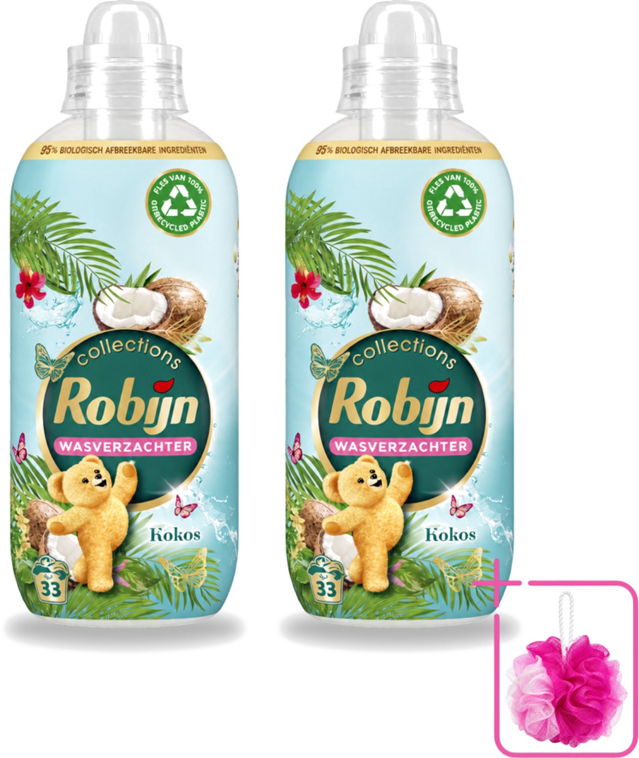 2 x Robijn - Kokos Sensation - Wasverzachter - Tropische Geur - 33 Wasbeurten - 825 ml - Bulkverpakking - Wasverzachter - Douchemop - Kokosgeur