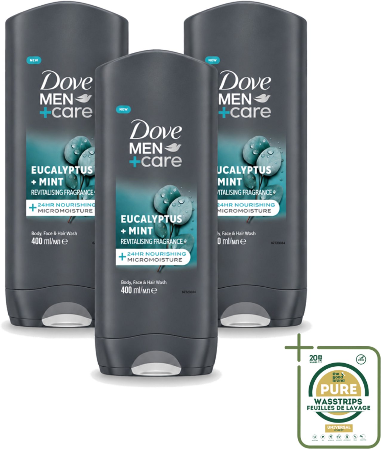 3 x Dove - Douchegel - Men+ Care Eucalyptus + Mint - Verfrissend en kalmerend - 400 ml - Wasstrips - Douchegel Mannen - Eucalyptus Mint - Hydratatie Huid - 3 In 1 Douchegel - Huidverzorging Mannen