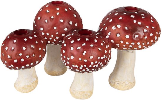 Vier rood met witte stippen paddenstoel kandelaars van polyresin. Twee grotere en twee kleinere.