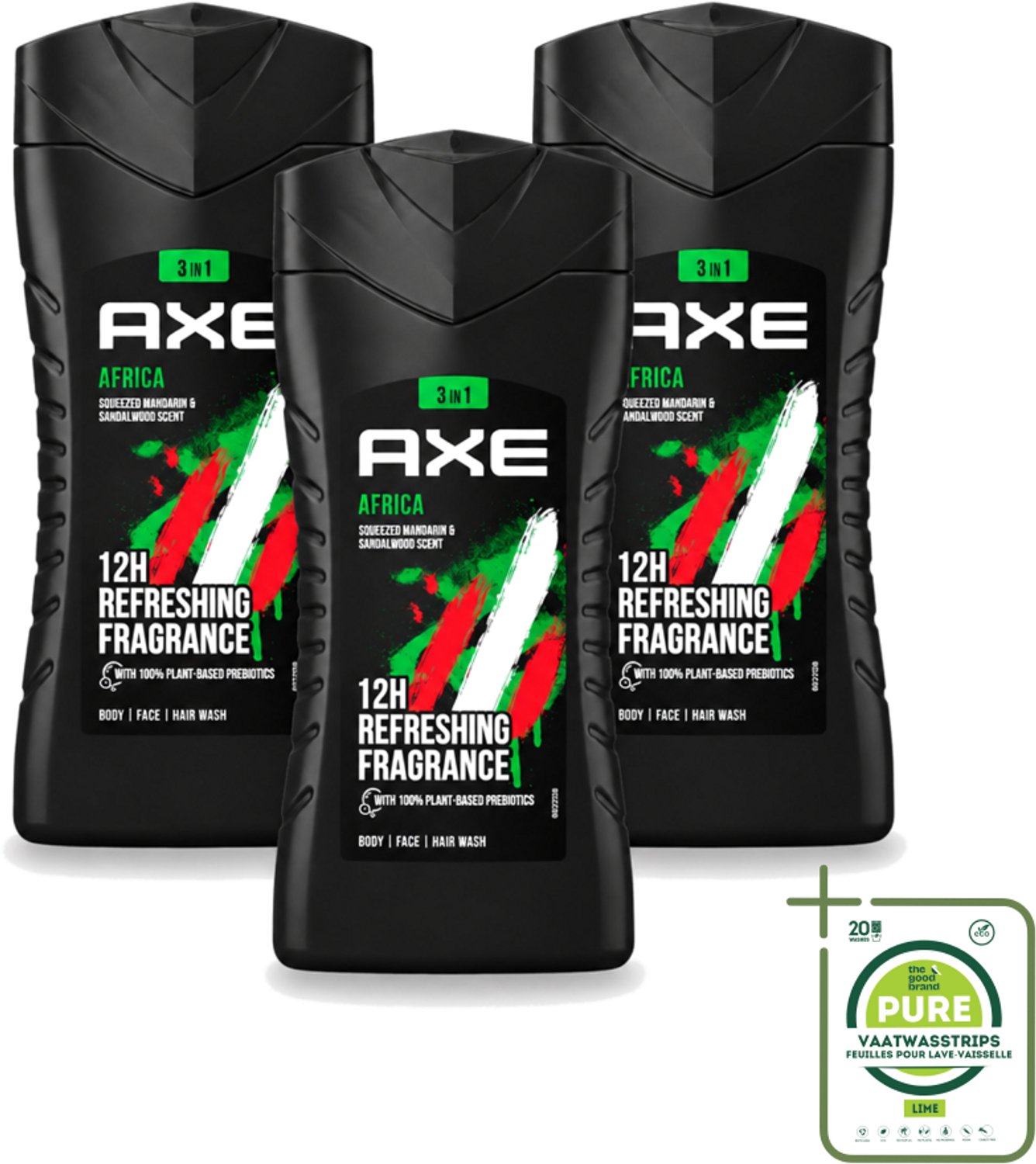 3 x Axe - 3-in-1 Douchegel - Africa - Squeezed Mandarin & Sandalwood - 100% Plantaardig - 250 ml - Grootverpakking - Vaatwasstrips - Douchegel - Axa Africa - Prebiotica - Huidverzorging - Geur