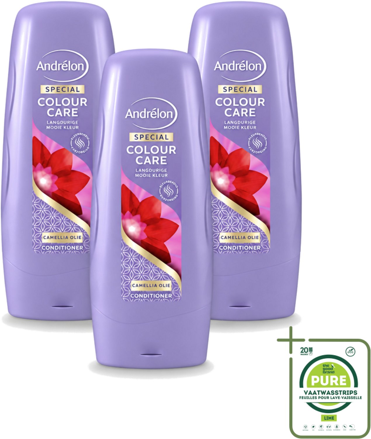 3 x Andrélon - Colour Care - Camellia Olie - Conditioner - Kleurbehoud - 300 ml - Grootverpakking - Vaatwasstrips - Kleurbehoud - Haarkleur - Haarverzorging - Camellia-olie - Sulfaatvrije Conditioner