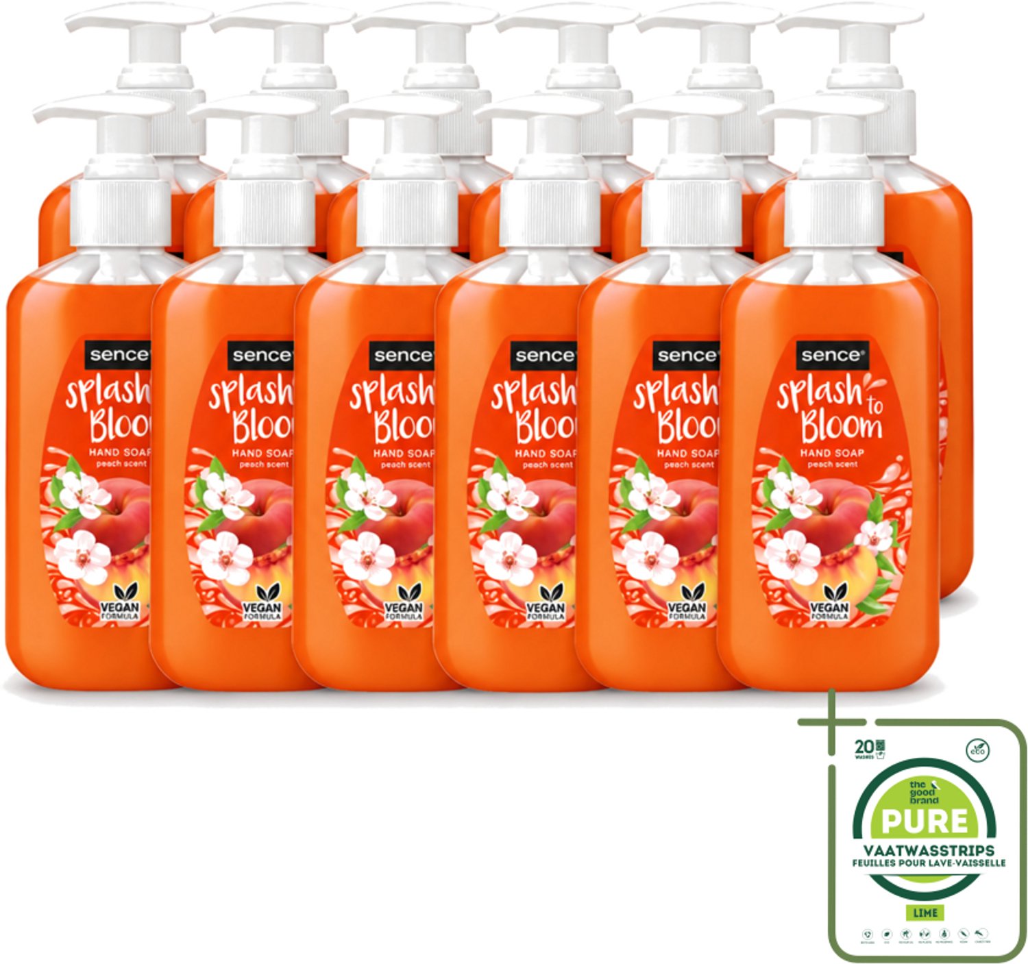 12 x Sence – Handzeep – Splash To Bloom Peach – 500 ml - Grootverpakking - Vaatwasstrips - Handzeep - Perzikgeur - Reiniging - Handen Reinigen - Zachte Handzeep