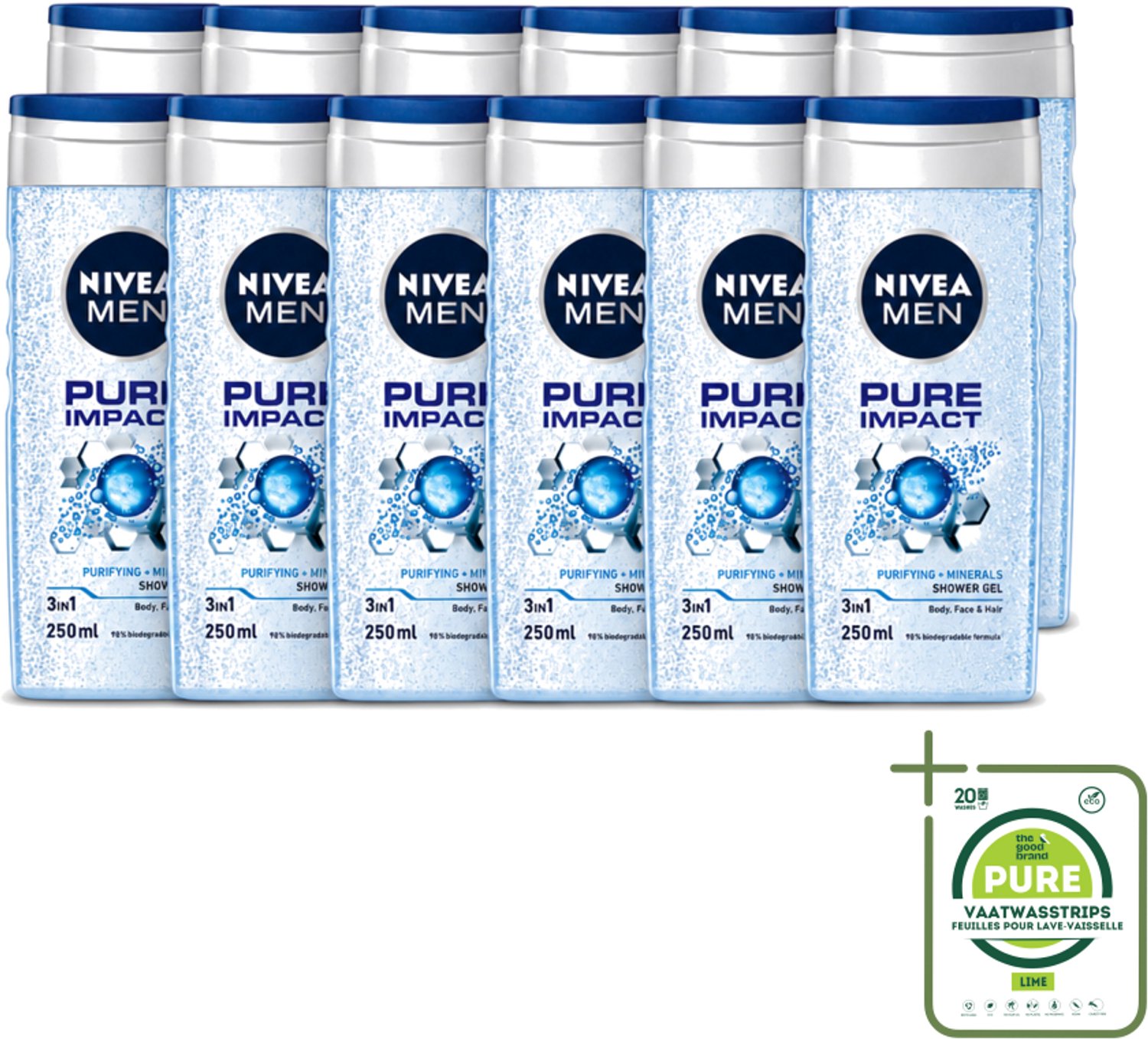 12 x Nivea Men – Douchegel – Pure Impact – 250 ml - Grootverpakking - Vaatwasstrips - Douchegel - Reiniging - Zweet Verwijderen - Vuil Verwijderen - Fris Huidgevoel
