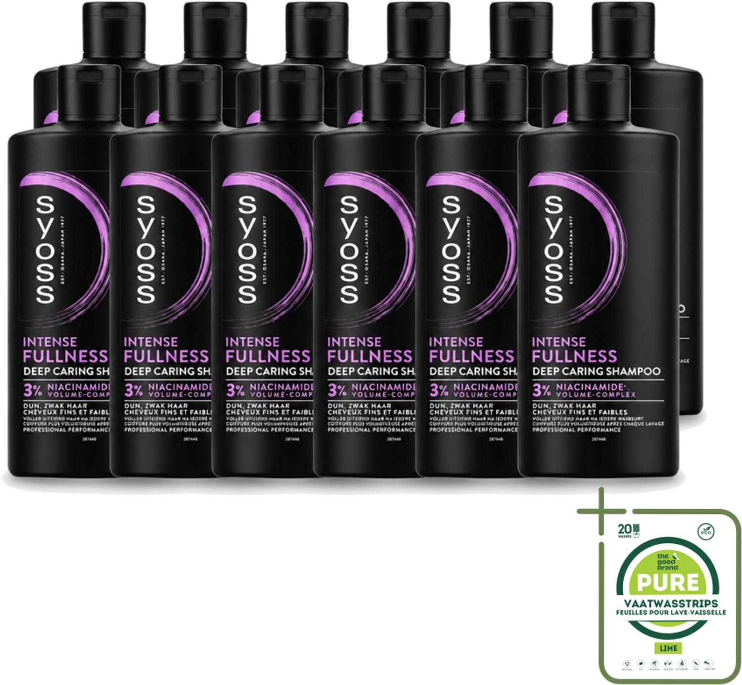 12 x Syoss – Shampoo – Intense Fullness – 440 ml - Grootverpakking - Vaatwasstrips - Volume Shampoo - Volumeshampoo - Haarversterking - Niacinamide Shampoo - Haarbody
