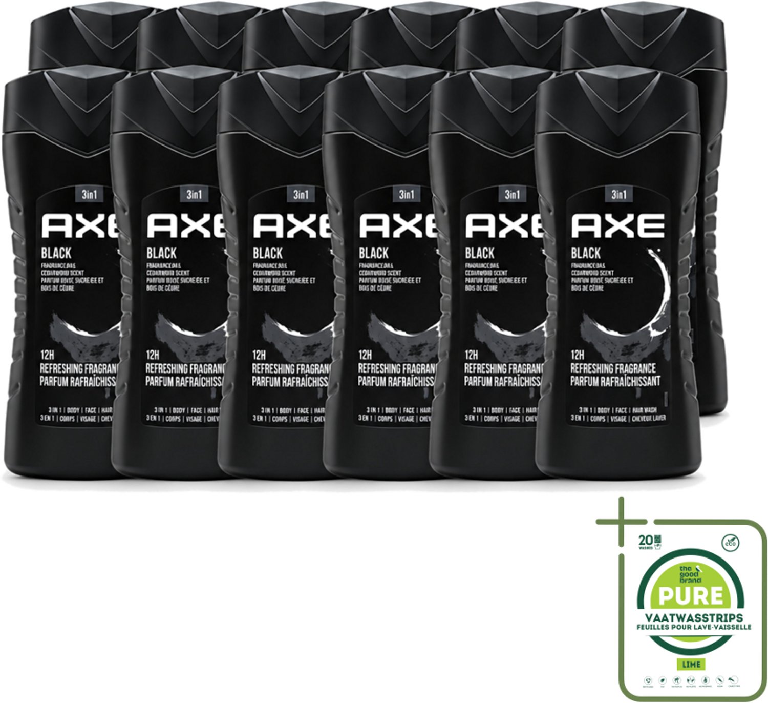12 x Axe – Douchegel – Black – Houtachtig & Fris - 250 ml - Grootverpakking - Vaatwasstrips - Douchegel - Frisheid - Mannelijke Geur - Cederhout - Peer