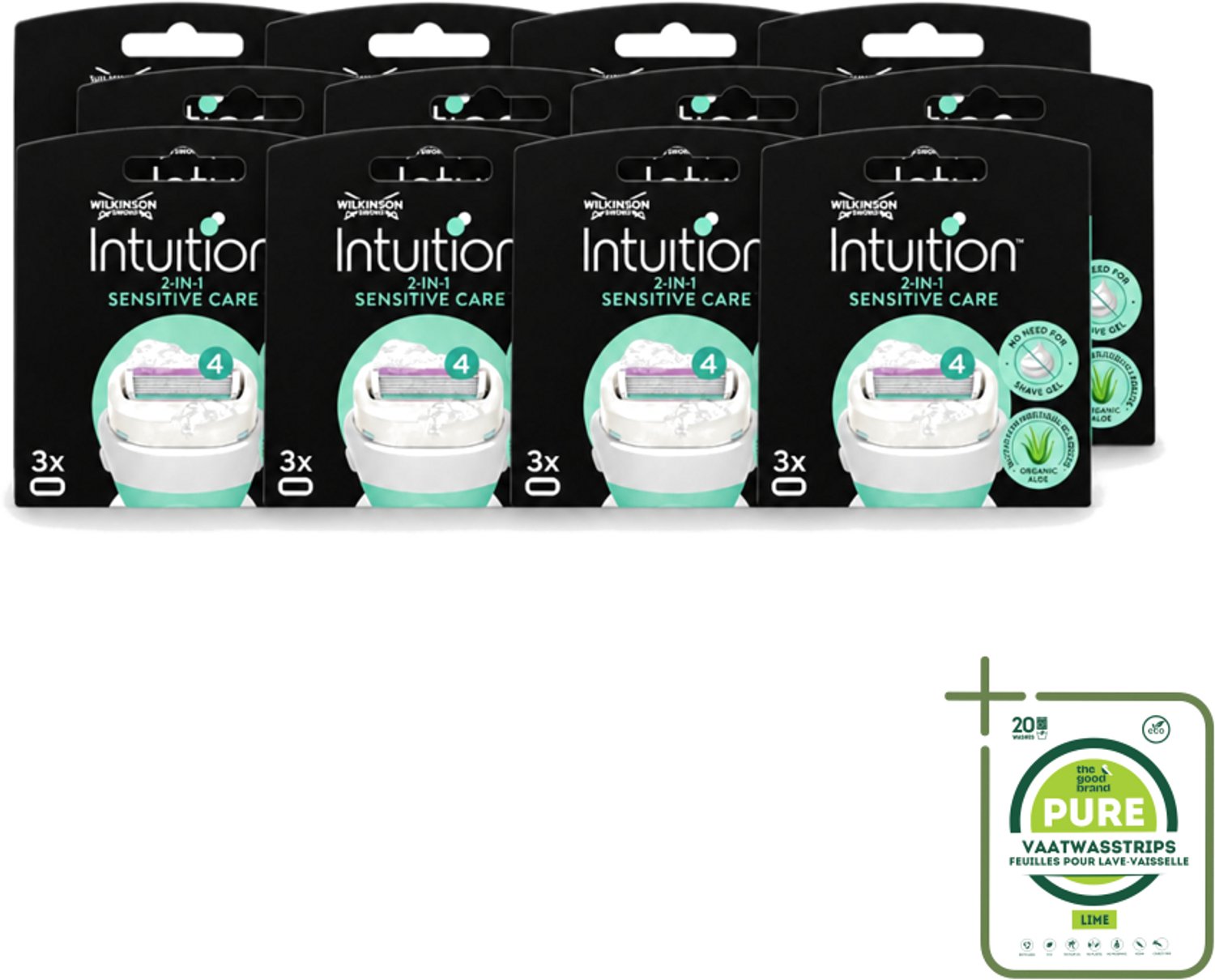 12 x Wilkinson – Scheermesjes – Intuition Dry Skin Sensitive Care – 3 Scheermesjes - Grootverpakking - Gevoelige Huid - Scheermesjes - Aloe Vera - Vitamine E - Verzorging