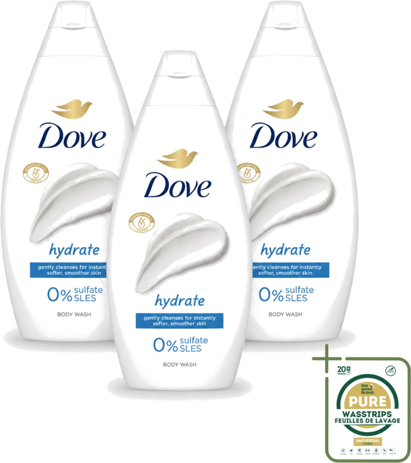 3 x Dove – Douchegel – Hydrate – 450 ml - Wasstrips - Douchegel Hydrate - Hydraterende Douchegel - Zachte Huid - Mild Reinigen - Huid Verzorgen
