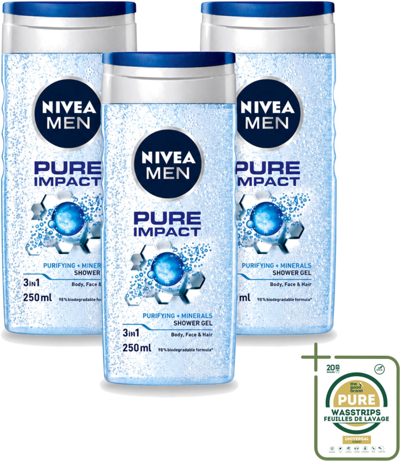 3 x Nivea Men – Douchegel – Pure Impact – 250 ml - Wasstrips - Douchegel - Zuiverende Douchegel - Reinigende Douchegel - Zweet Verwijderen - Vuil Verwijderen