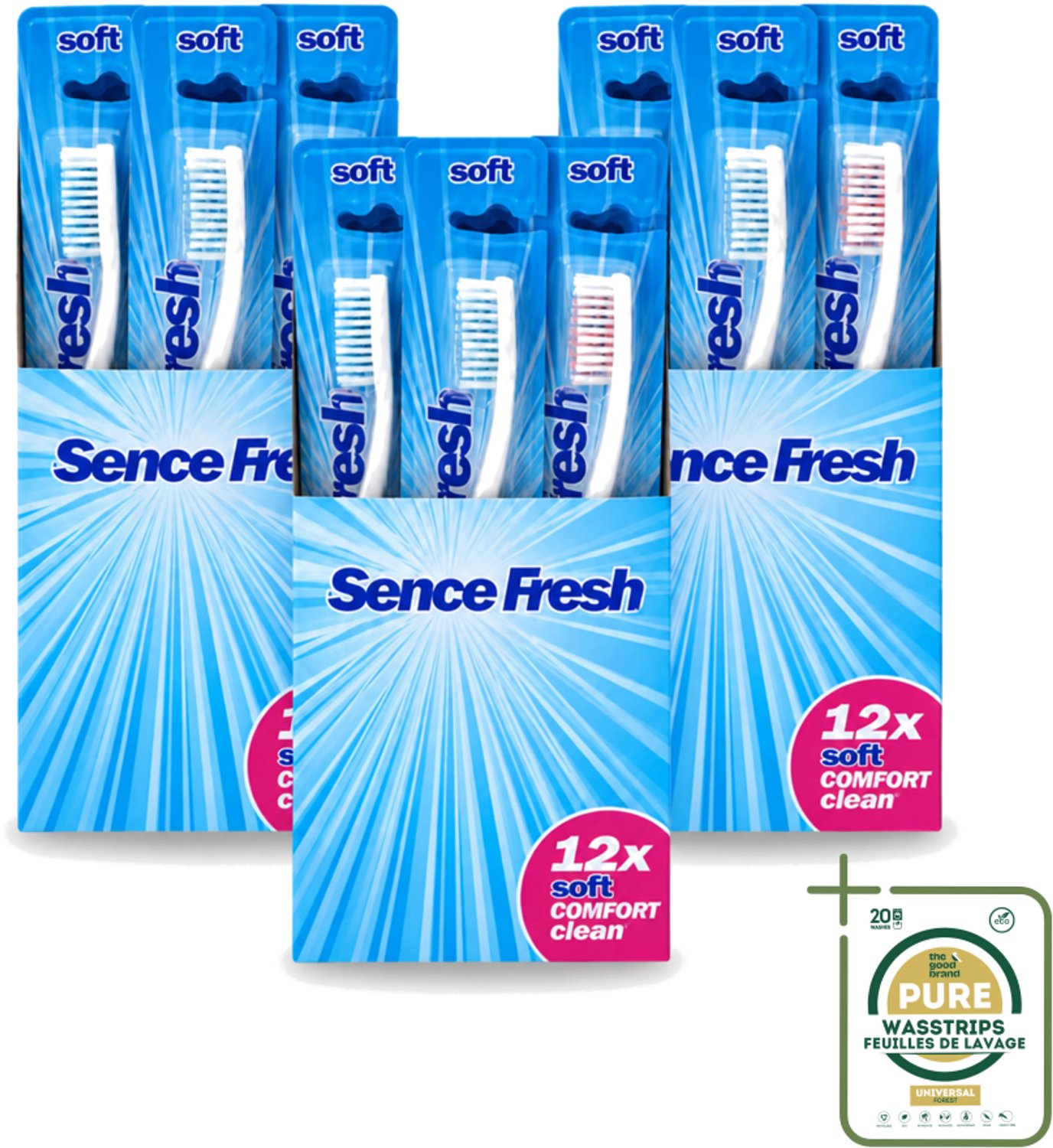 3 x Sence - Tandenborstels - Fresh Soft Comfort Clean - 12 Tandenborstels - Wasstrips - Tandenborstel - Zachte Tandenborstel - Mondhygiëne - Tandenborstel Voor Gevoelig Tandvlees - Dagelijks Poetsen