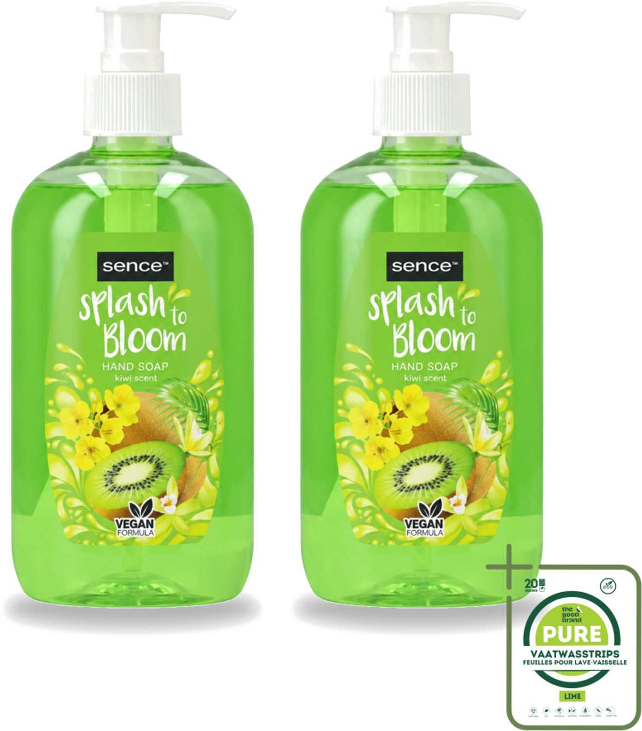 2 x Sence – Handzeep – Splash To Bloom Kiwi – 500 ml - Grootverpakking - Vaatwasstrips - Handzeep - Handen Reinigen - Handen Hydrateren - Kiwi Geur - Natuurlijke Handzeep