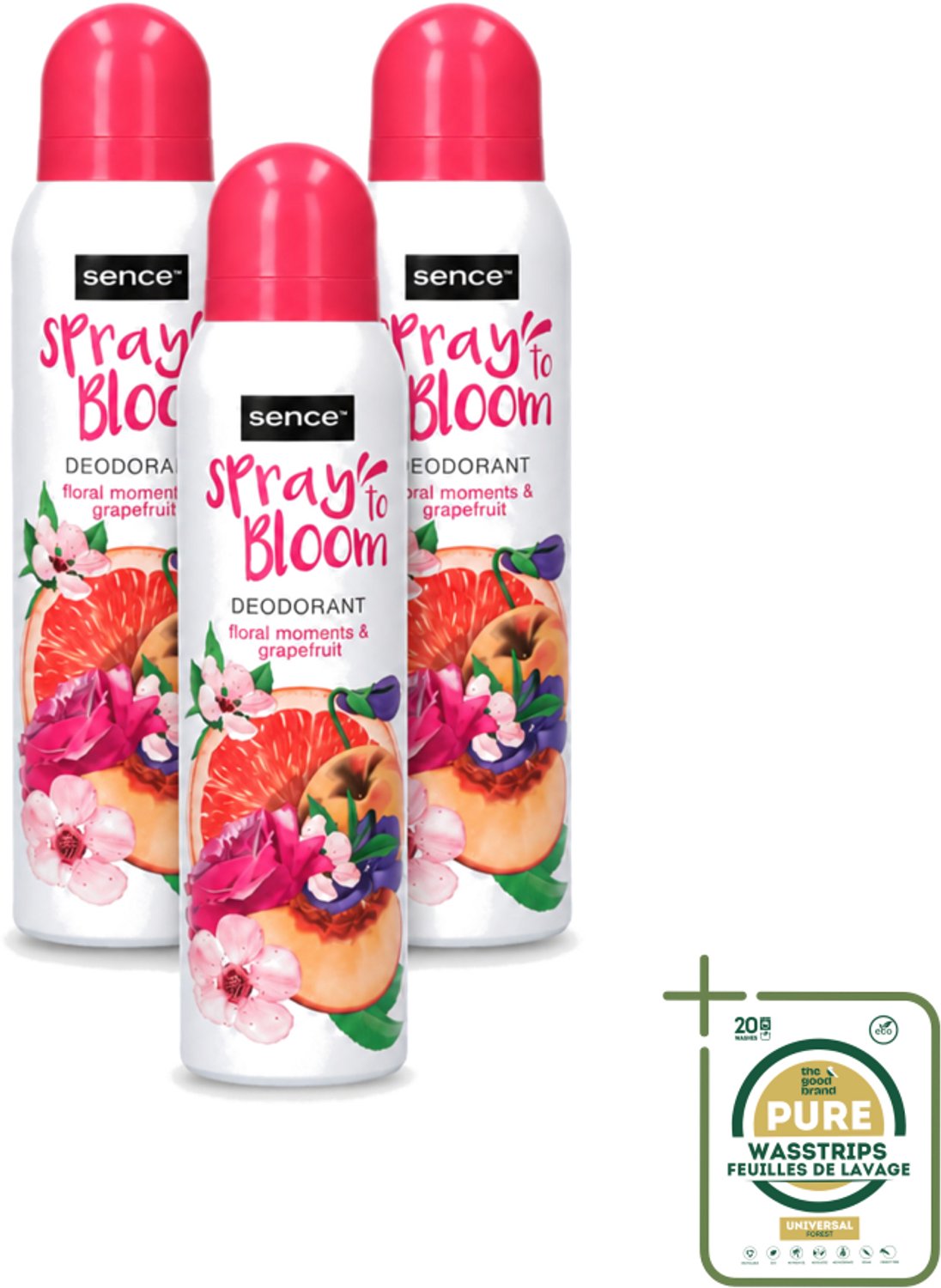 3 x Sence - Floral & Grapefruit - Deodorant - Fris & Fruitig - 150 ml - Wasstrips - Frisheid - Fruitige Geur - Bloemige Geur - Grapefruit - Deodorant