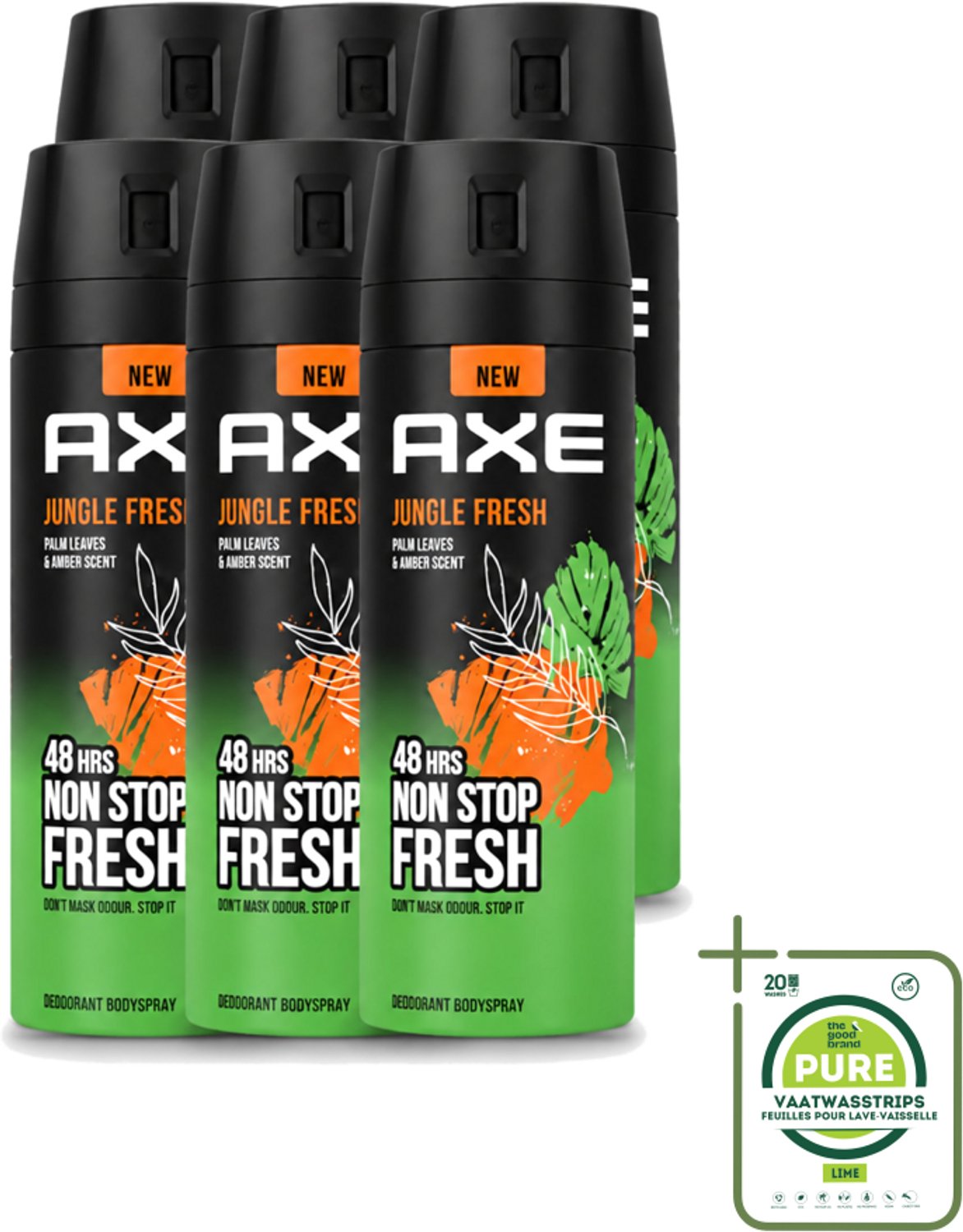 6 x Axe – Deodorant Bodyspray – Jungle Fresh – 150 ml - Grootverpakking - Frisse Geur - Lichaamsgeur Bestrijding - Zinktechnologie - Palmbladeren Geur - Amber Geur