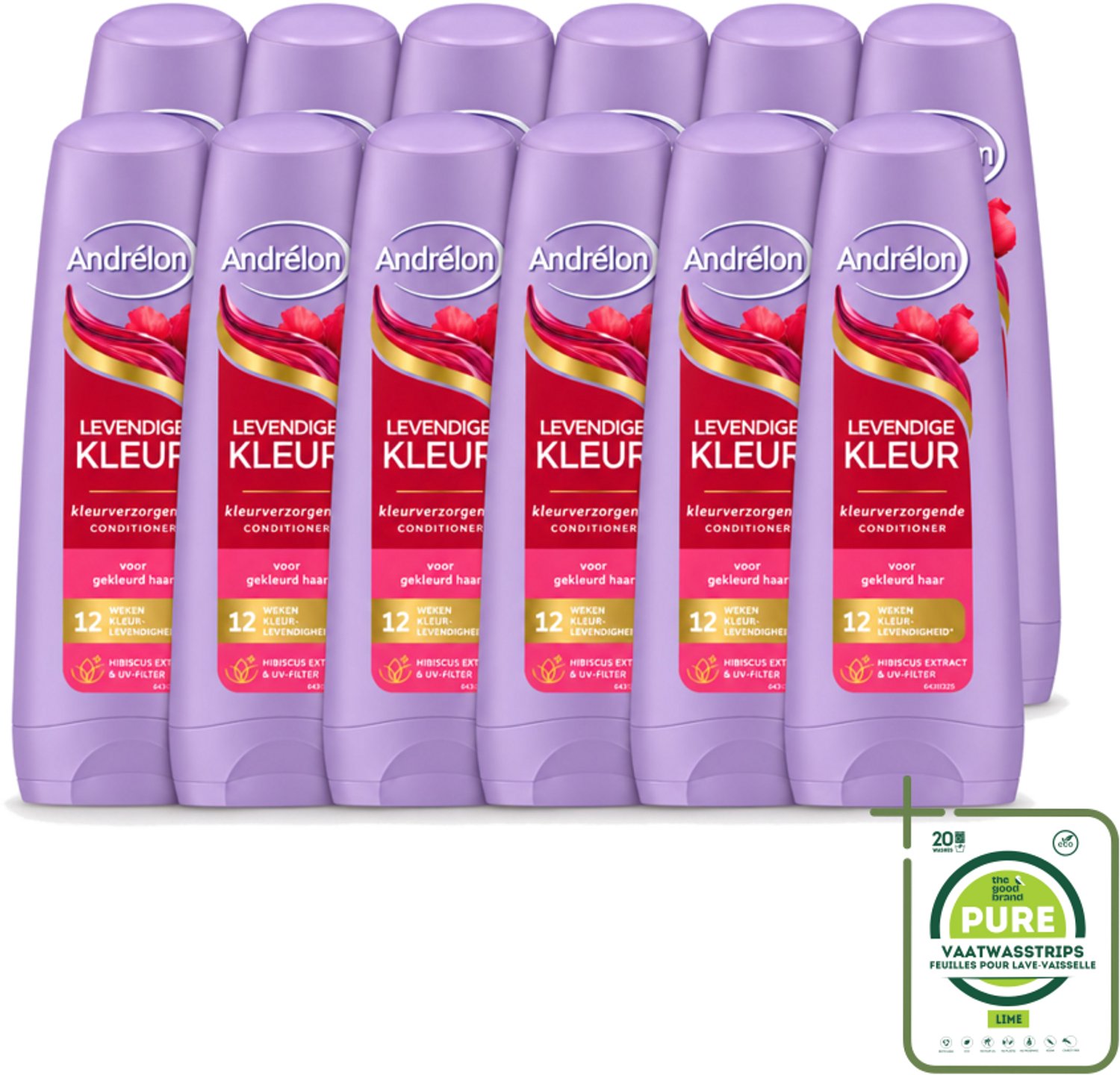 12 x Andrélon – Conditioner – Levendige Kleur – 200 ml - Grootverpakking - Vaatwasstrips - Kleurvervanging - Haarkleur Beschermen - UV-filter - Hibiscus-extract - Haar Verzorgen