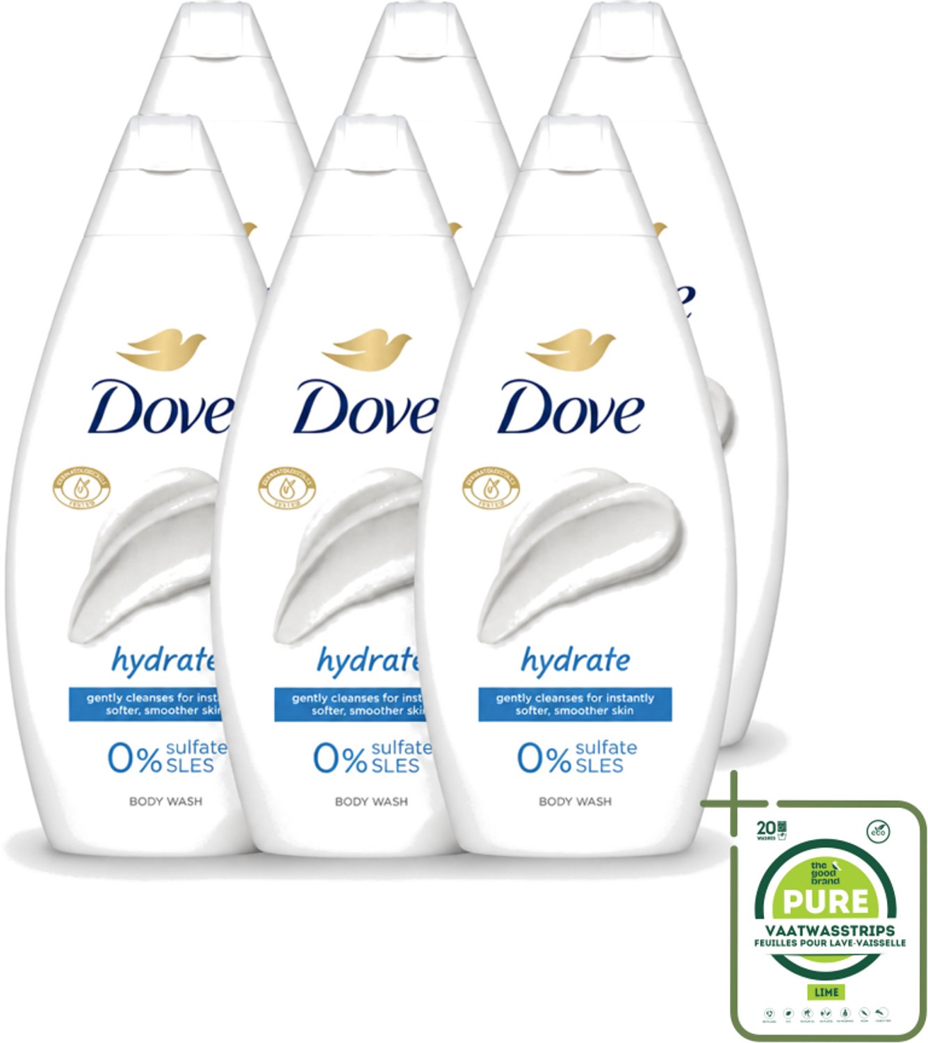 6 x Dove – Douchegel – Hydrate – 450 ml - Grootverpakking - Vaatwasstrips - Douchegel Hydrateren - Zachte Huid - Huid Verzorgen - Mild Reinigen - Droge Huid