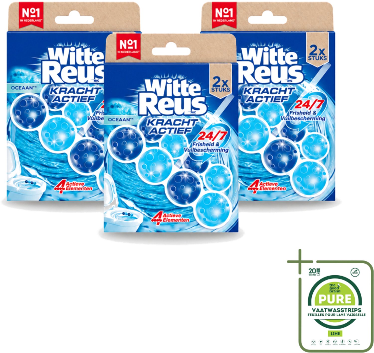 3 x Witte Reus – Toiletblok – Kracht Actief Oceaan – Duo Pack - Grootverpakking - Vaatwasstrips - Toiletblok - Reiniging - Oceaangeur - Anti-kalk - Hygiëne