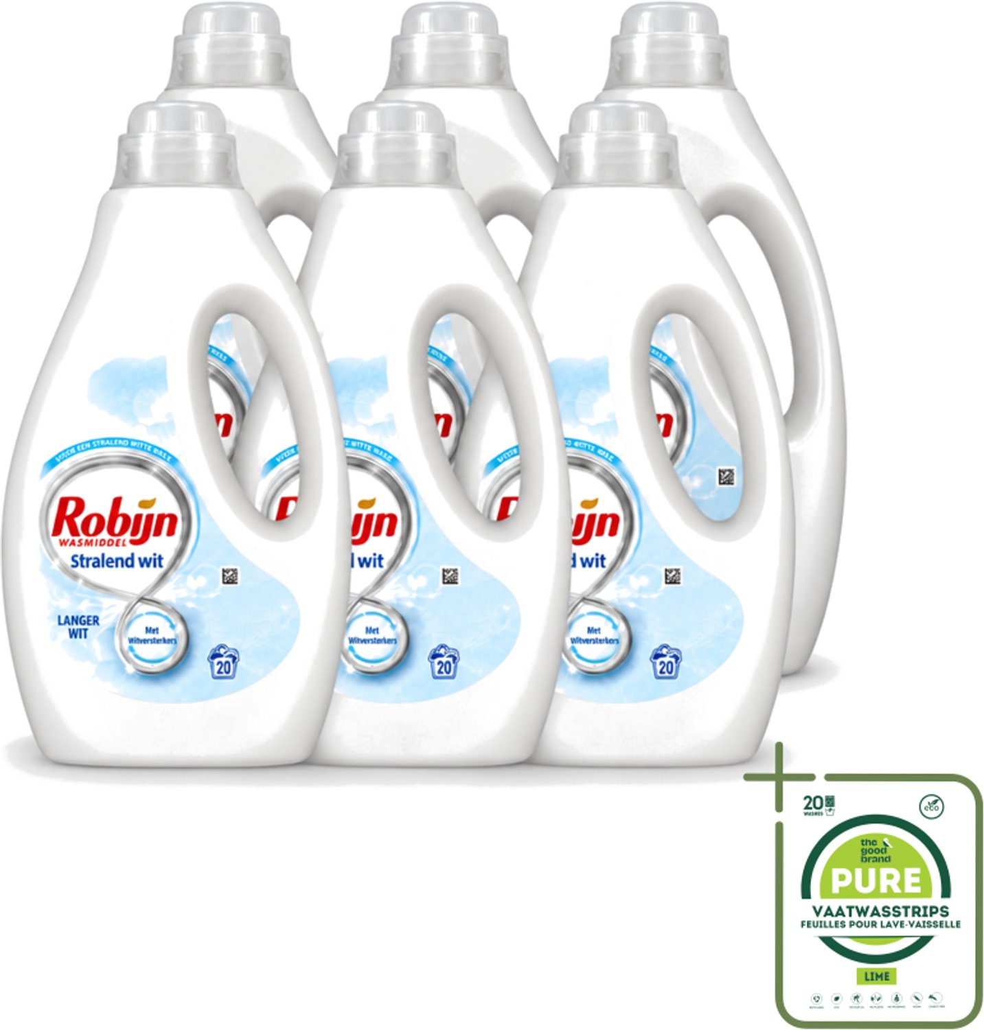 6 x Robijn – Vloeibaar Wasmiddel – Stralend Wit – 20 wasbeurten - Grootverpakking - Vaatwasstrips - Wit Wasmiddel - Stralend Wit - Wasmiddel Voor Witte Kleding - Wasmiddel Met Witversterker - Frisse Geur Wasmiddel